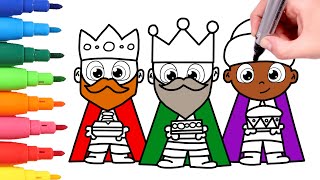 Cómo dibujar a los 3 REYES MAGOS 👑🌈 Colorear Navidad para niños [upl. by Nore]