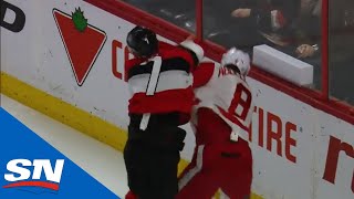 Senators Tkachuk Scores The Knockdown In First NHL Fight [upl. by Aihsekel]