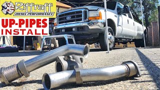 2001 F350 73  RiffRaff UpPipes Install  Stock up pipes leaking and falling apart JUNK SP [upl. by Amikay374]